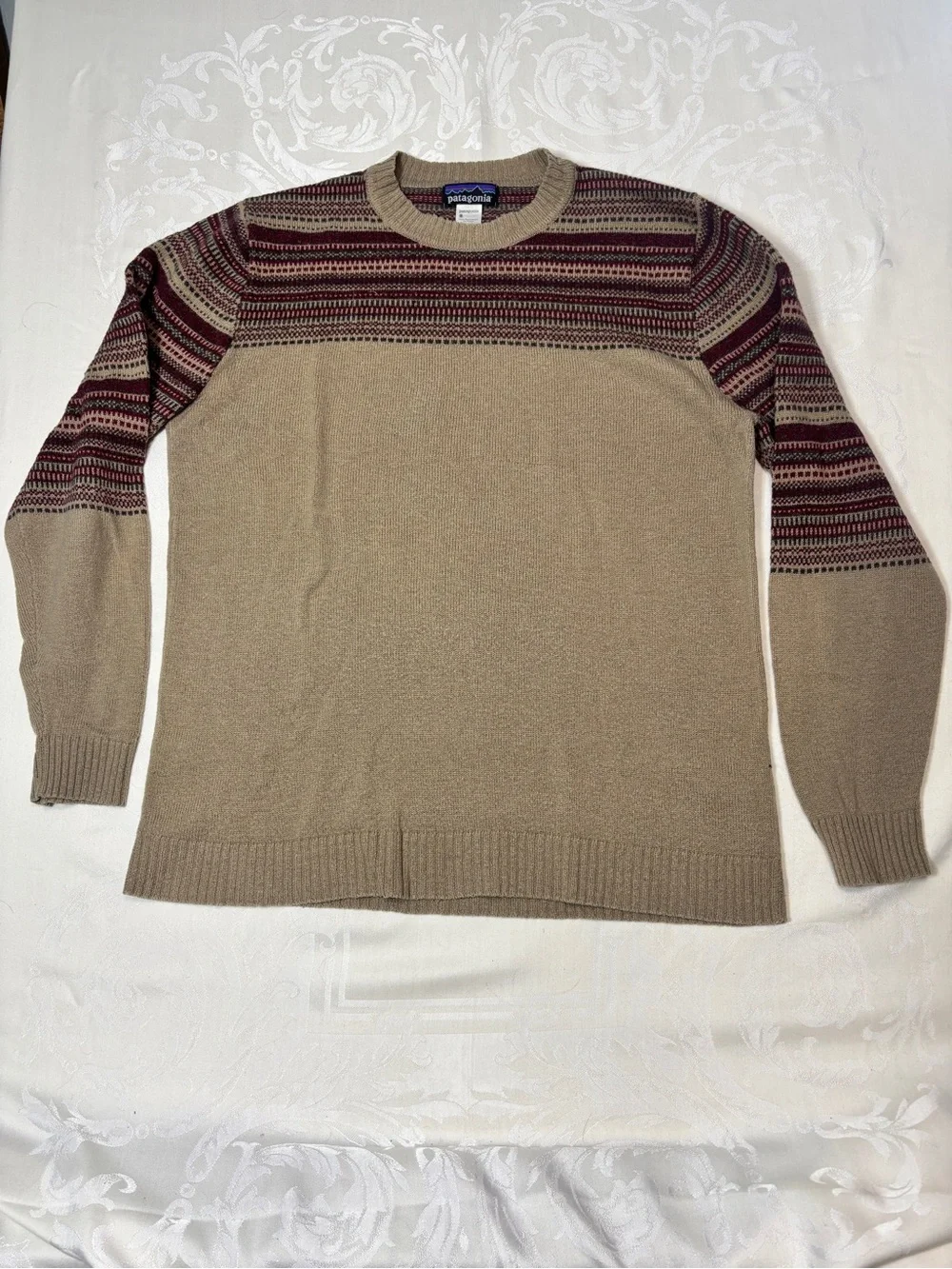 Patagonia Crewneck Sweater in Beige with Burgundy Fair Isle Yoke